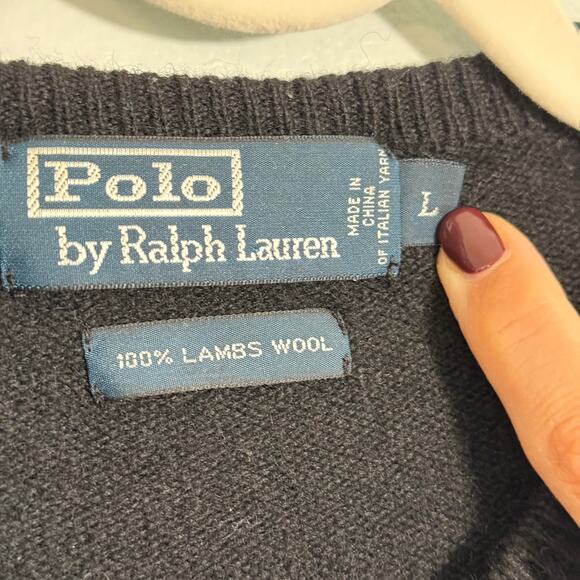 VTG Polo Ralph Lauren 100% Lambswool V-Neck Sweater Black Purple Pony Preppy - Picture 4 of 5